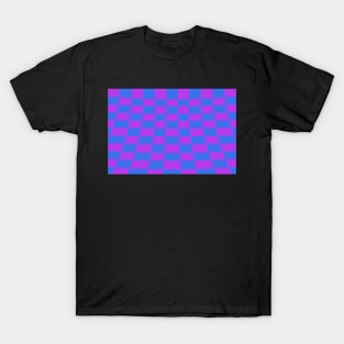 Warped perspective coloured checker board effect grid purple and blue T-Shirt